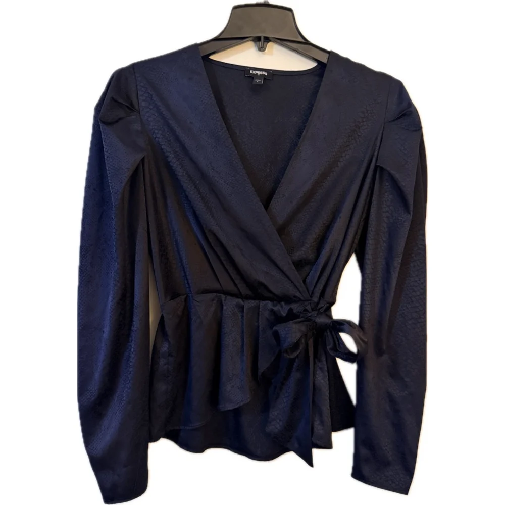 Express Satin Jacquard Wrap Blouse – Deep Navy (Almost Black) Size S - Picture 1 of 10
